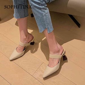 Sophitina Elegant Daily Women's Sandals Cover Toe Sfärisk Strang Style Heel Ladies Skor Läder Dating Kvinna Tofflor AO683 210513