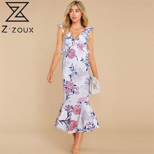 Women Dress Ruffles V-Neck Sleeveless Vintage Print Dresses Plus Size White Red Sexy Long Flowers 210513