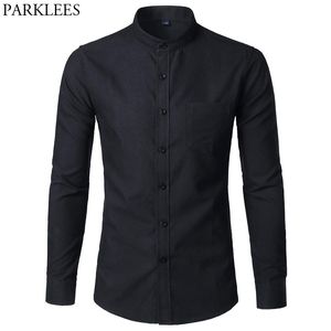 Mäns Oxford Slim Fit Klänningskjorta Märke Mandarin Collar Långärmad Chemise Homme Casual Buisness Office Shirt med Pocket Svart 210708