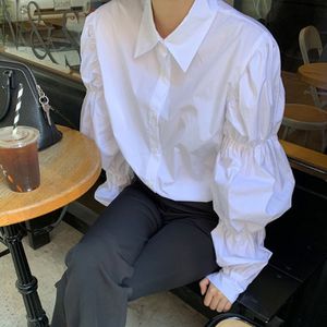 White Looose Blusas Korean Chic Puff Sleeve Turn-down Collar Trend Ladies Shirt Women Spring Autumn Coats 210510