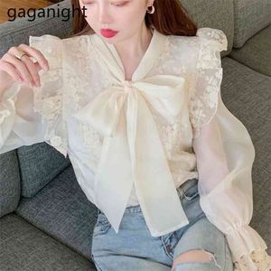 Frauen koreanische Mode Langarm Bow Shirts Aprikosen Chiffon V-Line Flare Office Damen Blusen Frühling 210601