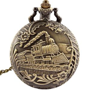Vintage Bronze Quartz Train Pocket Watch Necklace Pendant Chain Gifts for Men Women