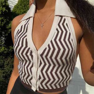 Fashionable vest top women summer beautiful back hanging neck lapel buttoned knitted striped short slim tops 210508