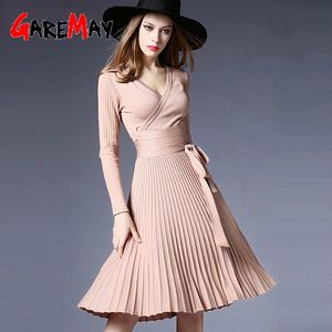 Sexy V-neck Women Knitted Dress Autumn Winter es Elegant Casual Solid Midi Party Long Sleeve Sweater for Female 210428