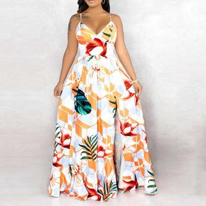 Women Fashion Sexy Backless Coaktail Party Maxi Dress Formal Dress Robe Floral Print spaghetti strap Long Dress 210716