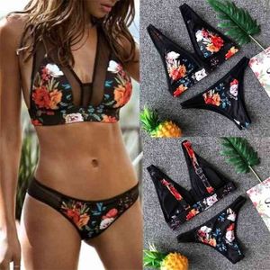 Sexy Damen-Bikini-Set, Blumendruck, modisch, gepolsterter Push-Up-BH, Strand-Badebekleidung, Anzug 210629