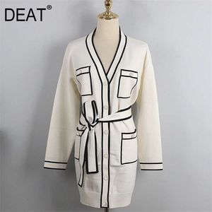 DEAT Autumn And Winter Fashion Casual V-neck full sleeves contrast colors waist belt pocket single breasted cardigan 211103