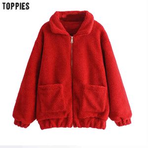 toppies 가을 가짜 양고기 양모 코트 오버 사이즈 재킷 패션 빨간색 outwear 여자 옷 210412