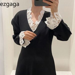 Ezgaga Elegant Women Dress Korean Fashion Chic V-Neck Lace Patchwork High Waist Vintage Long Sleeve Party Dress Vestidos 210430