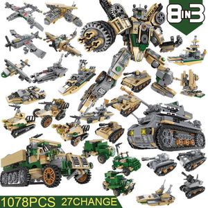 1078PCS+ Byggstenar Militär krigsrobotmodell Transformerad för stridsvagnsfigurer Helikopterad skepp barn Leksaker Stad Q0624