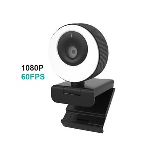 60FPS CAM HD 1080P Komputerowy Mikrofon Ring Light Autofokus PC Laptop Video Mini Kamera Web Cam z pokrywą