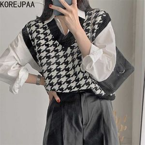 Korejpaa kvinna väst sätter koreanska hösten mode vild v-neck fågelkontroll stickade västar och lös solid långärmad tröja Top 211008