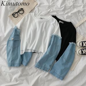 Kimutomo Casual Denim Stitching T-shirt Kvinnor Vår Korea Chic Kvinna O-Neck Långärmad Kort Toppar Outwear Fashion 210521