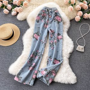 Frühling herbst neue design frauen hohe taille denim jeans rose blumen druck mode breite bein lose lange hosen hosen SMLXL