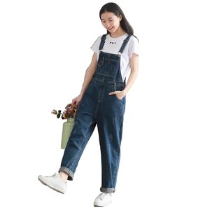 Retro washed denim straps wide-legged slacks jumpsuit with buckles pockets wholesale 210809