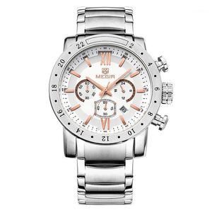 Relógios de pulso megir 3008 moda de luxo em aço inoxidável cronógrafo esportivo casual impermeável quartzo multifuncional homens