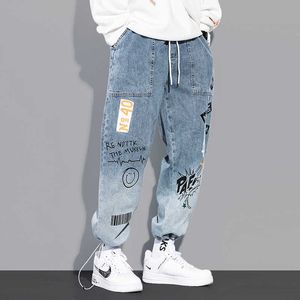 Moda Streetwear Mężczyźni Dżinsy Retro Niebieski Loose Fit Drukowane Designer Drelich Homem Spodnie Homme Slack Bottom Hip Hop Joggers Spodnie