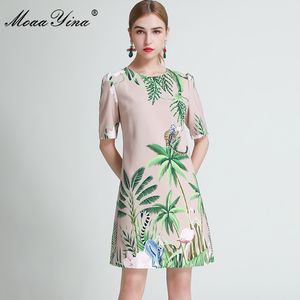 Fashion Designer dress Summer Women's Dress Short sleeve Beading Sequins Monkey Green leaf Print Dresses 210524