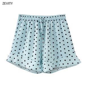 Zevity Women Fashion Polka Dot Skriv ut Ruffles Shorts Ladies Elastic Waist Bow Bundet Casual Shorts Pantalone Cortos P825 210603