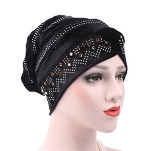 Mode Muslim Kvinnor Elastisk Velvet Hat Headwrap Turban Cap Tillbehör Amira Beanies Skullies Håravfall Headscarf Cancer Chemo