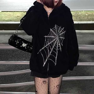 하라주쿠 outwear 지퍼 스웨터 Emo Alts 의류 고딕 양식의 펑크 스파이더 웹 후드 여성 요정 그런 지 플러스 사이즈 후드 210927