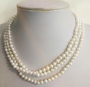 Ketten 3 Reihen 5x6mm Weiße Perlenkette Echt Natürliche Süßwasser Frauen Schmuck 14 '' 17 '' 35 cm 43cm1
