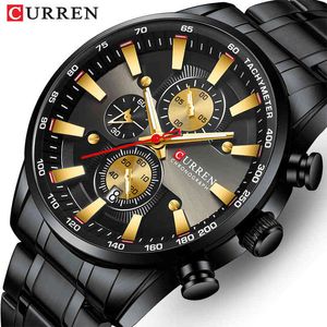 Curren Watch dla Mężczyzn Top Brand Black Gold Quartz Sports Zegarek Męski Chronograf Zegar Data Ze Stali Nierdzewnej Męskie Zegarki 210517