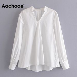 Elegantes weißes Hemd Frauen V-Ausschnitt Plissee Chic Bluse Langarm Vintage Damen Tops Frühling Herbst Blusas Mujer 210413
