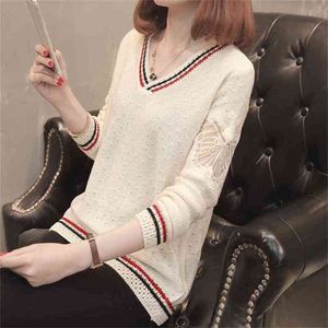 V-neck Hollow Sweater Women Loose Thin Long-sleeved Lace Stripe Frill Bottoming Shirt Wild Knitted Jumpers Female Spring 210427