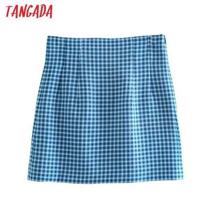 Tangada Kvinnor Blå Plaid Skriv ut Kjolar Faldas Mujer Zipper French Style Kvinna Mini Skirt Je65 210609