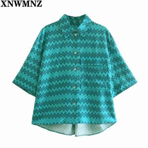 blouses women Blue printed halter neck shirt women's collared with short sleeve pocket button-up asymmetric hem top 210520