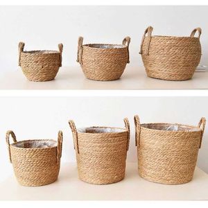 Nordic Handgjorda Straw Storage Korg Rattan Golv Inomhus Blomma Pott Planter Hantverk Dekoration Hem Vardagsrum Blomma Korg 210615