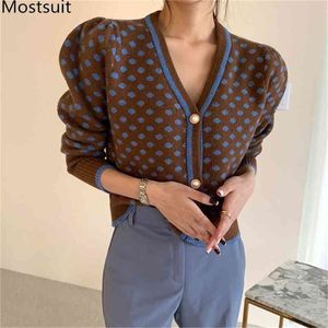 Dot Knitted Women Cardigan Sweater Full Sleeve V-neck Single-breasted Tops Korean Vintage Ladies Color-blocked Jumpers 210513