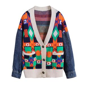 Kvinnor Grön Aprikos Orange Navy Stickad Patchwork Denim Geometrisk Långärmad V Neck Cardigans Höst M0293 210514