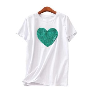 PERHAPS U Donna T-shirt cuore verde con paillettes bianche manica corta stampa o collo allentato casual B0304 210529