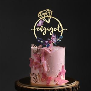 その他のお祝いパーティー用品カラフルなプリントダイヤモンドリング形ゴールド婚約/私たちはengagemケーキのトッパーweddigging婚約装飾ビュートです