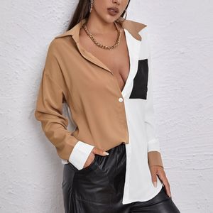 Women Shirts Blouses Tops Patchwork Button Up with Pockets Elegant Female Spring Summer White Black Khiki Casual Fashion Clothes 210416