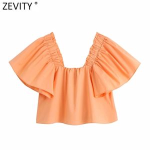 Women Simply Pleated Puff Sleeve Poplin Smock Blouse French Female Square Collar Casual Shirt Chic Blusas Tops LS9270 210420