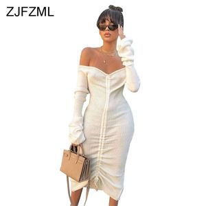 Front Drawstring Sexy Bandage Dresses Women White Slash Neck Long Sleeve Club Party Dress Autumn Winter Off Shoulder Maxi Dress 210409