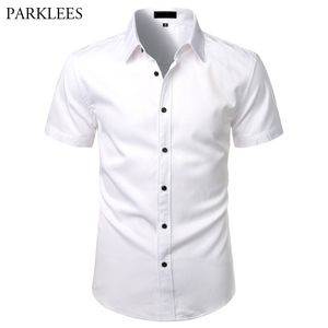 White Mens Bamboo Fiber Dress Shirts Short Sleeve Casual Button Down Men Non Iron Easy Care Elastic Business Male 210721