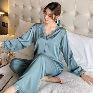 カジュアルなパジャマの女性の寝室のサテンの2枚セットレースのシャツパンツセクシーなボタンダウンラウンジウェアコムフィーパジャマPJSスーツx0526