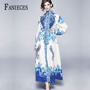 Autunno inverno A-line Dresses Blue Red Print Collar Manica lunga Donne Party Casual Empire Vita Maxi Dress Ropa Mujer 210520