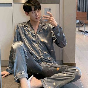 Silk Men Pajamas Set Oversize 4xl 5xl Manga Longa Casual Casa Desgaste Primavera Outono Silk Boy Pijama Conjuntos Lazer Sleepwear Set 211111