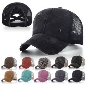 MZ01 Mode Sport Snapbacks Criss Cross Pferdeschwanz Hüte Gewaschen Mesh Zurück Leopard Sonnenblume Plaid Camo Hohl Messy Bun Baseball Cap Trucker Hut Dropship