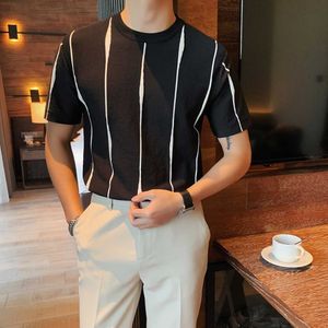 Striped T Shirt Men Short Sleeve Knitted T Shirts Summer O-neck Casual Tops Tees High Quality Ice Silk Breathable Clothes 210527