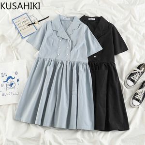 夏の半袖女性のドレスダブルブレストノッチカラードレスハイウエストプリーツAラインvestido 6F388 210603