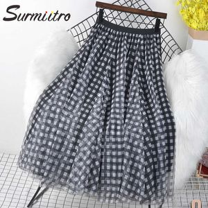SURMIITRO Fashoin Korean Style Vintage Plaid Summer Long Tulle Skirt Women High Waist Aesthetic Midi Pleated Skirt Female 210712