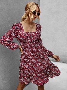 Boho estilo floral impressão dress mulheres luva longa babados mini vestido quadrado colarinho solto senhoras primavera outono vestidos ropa mujer 210521