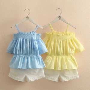 Fashion 3 4 6 8 10 11 12 Years Cotton Lace Off Shoulder Strap T-shirt+Shorts 2 Pcs Baby Kids Girls Summer Clothing Sets 210529