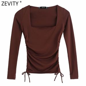 Zevidade Mulheres Simples Quadrado Collar Sólida Elastic Plissado Curto Chic Camiseta Senhoras Manga Longa Casual Slim Colheita Tops LS7650 210419